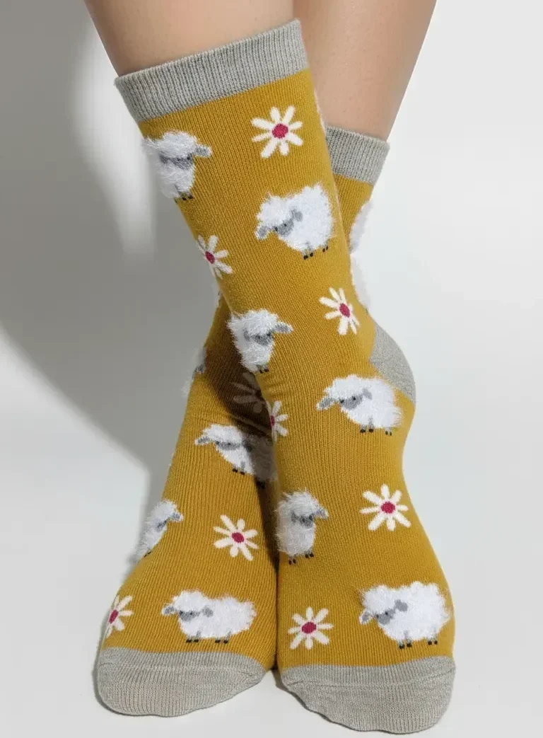 Kadın Pamuklu Figürlü Çiçekli Tüylü Sarı