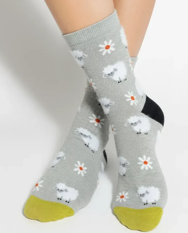 Kadın Pamuklu Figürlü Çiçek Tüylü Gri