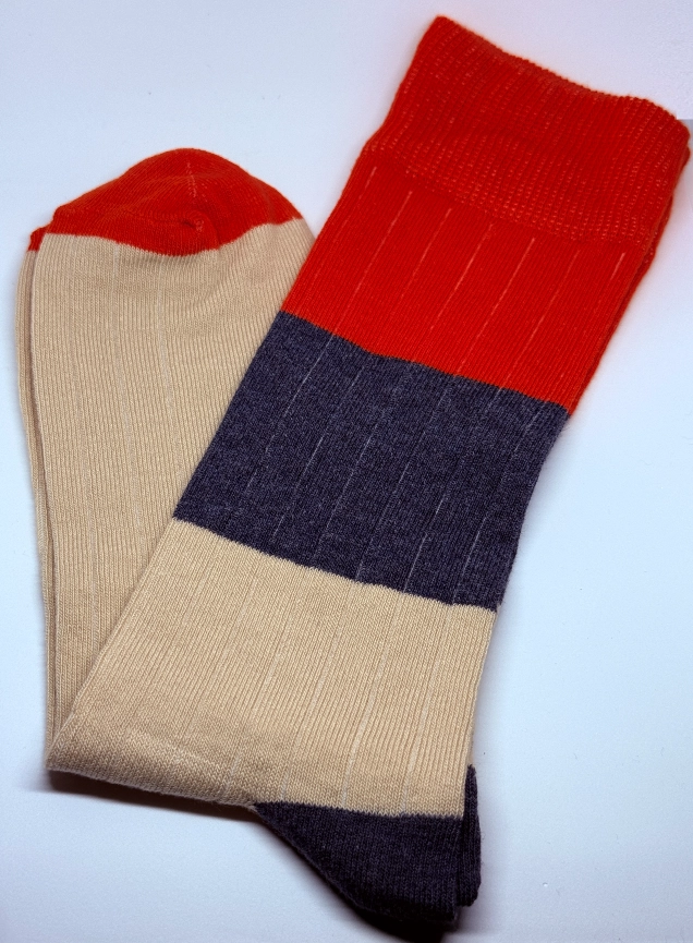 Premium Renk Bloklu Ribanalı Pamuklu Çorap - Turuncu; Lacivert; Bej