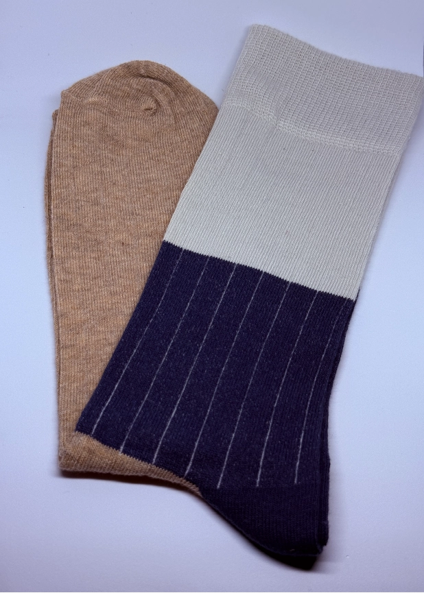 Premium Renk Bloklu Ribanalı Pamuklu Çorap - Turuncu; Lacivert; Bej - Görsel 3