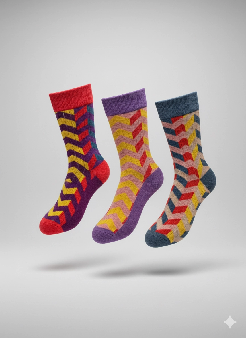 Retro Zigzag Desenli Pamuklu Tasarım Çoraplar