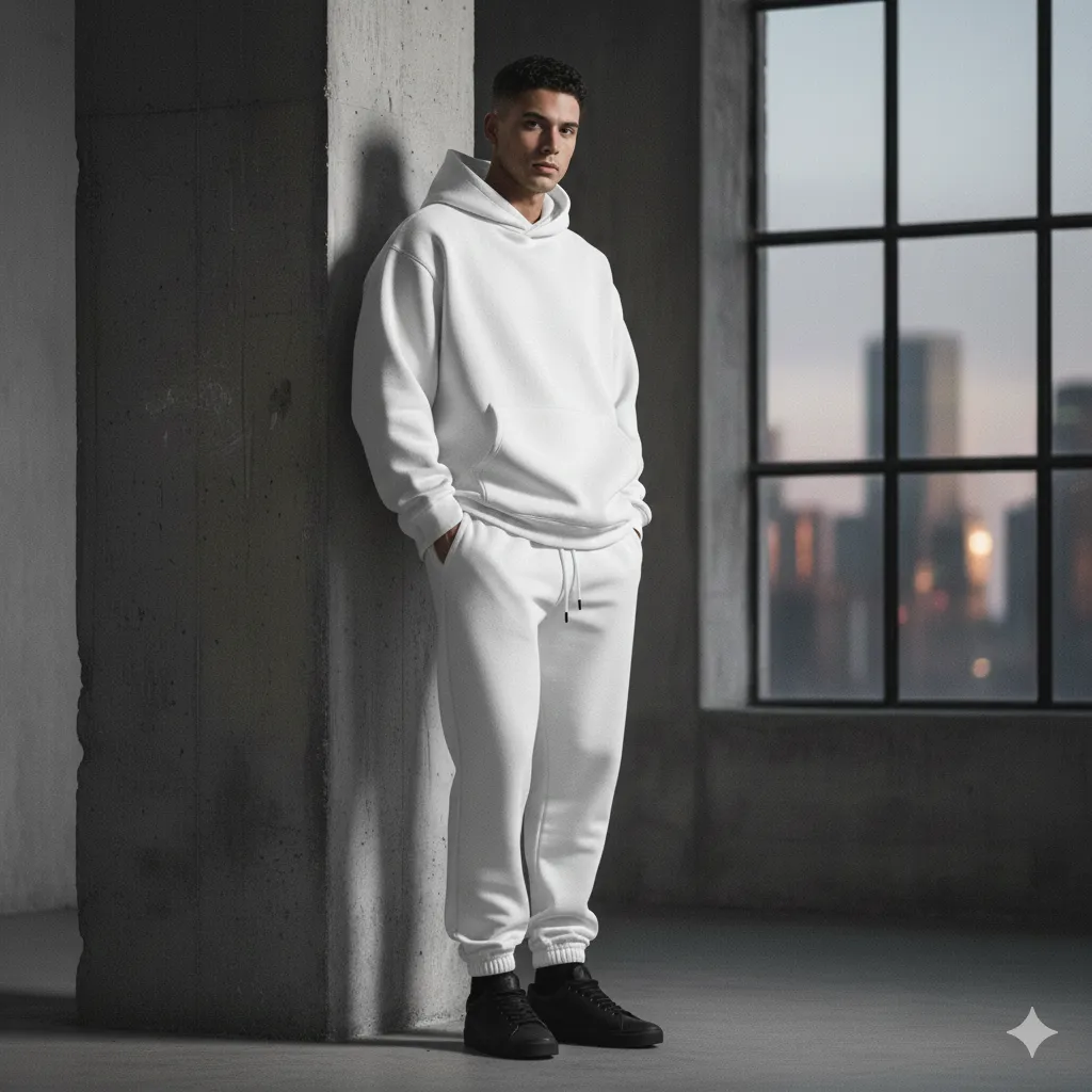 Eşofman Takım Pamuklu Kapüşonlu Cepli Beyaz