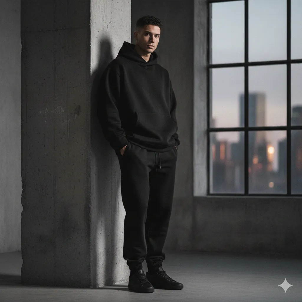 Eşofman Takım Pamuklu Kapüşonlu Cepli Siyah